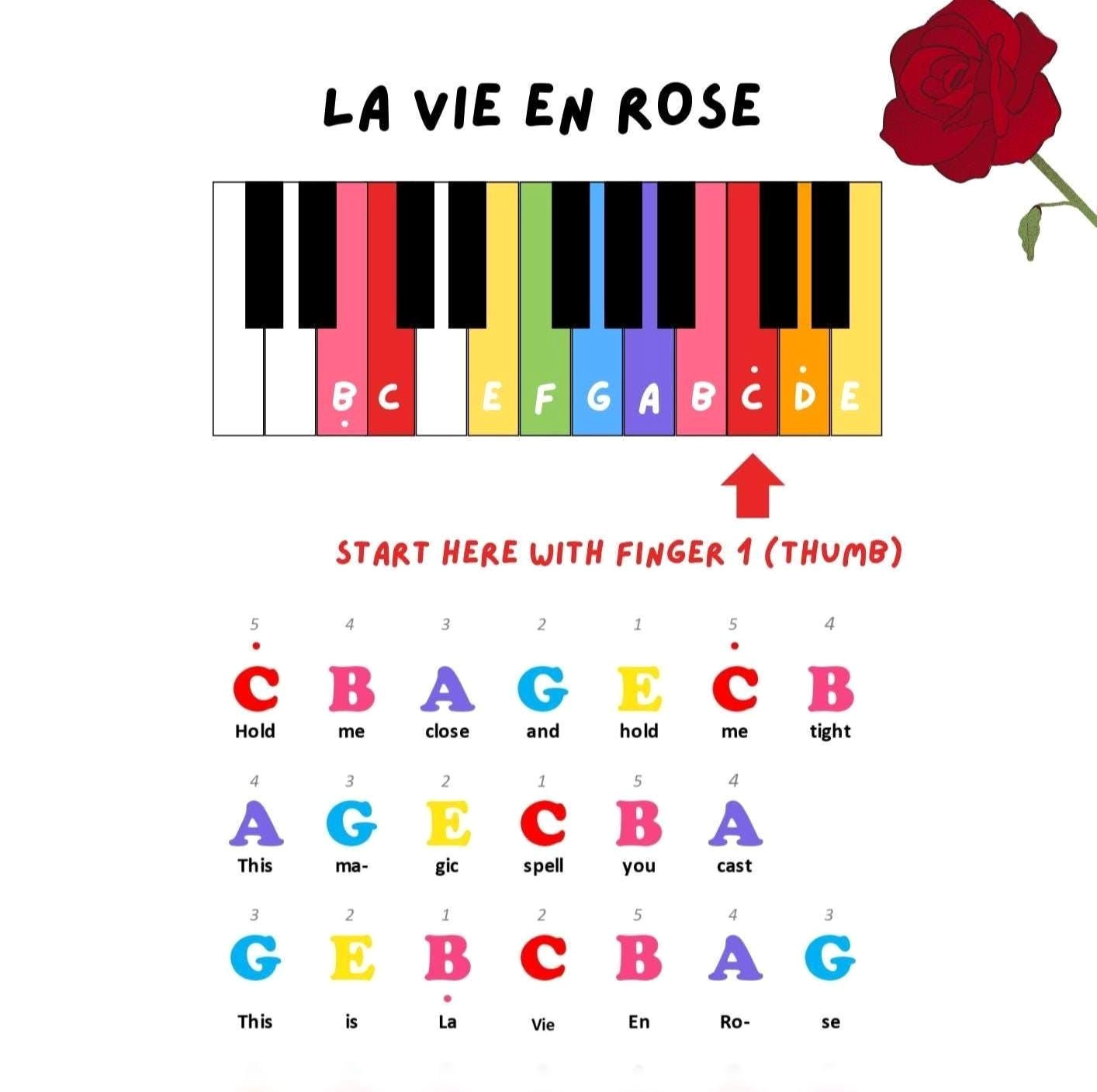 Rose Piano Sheet Music (Beginner, Color Coded PDF)