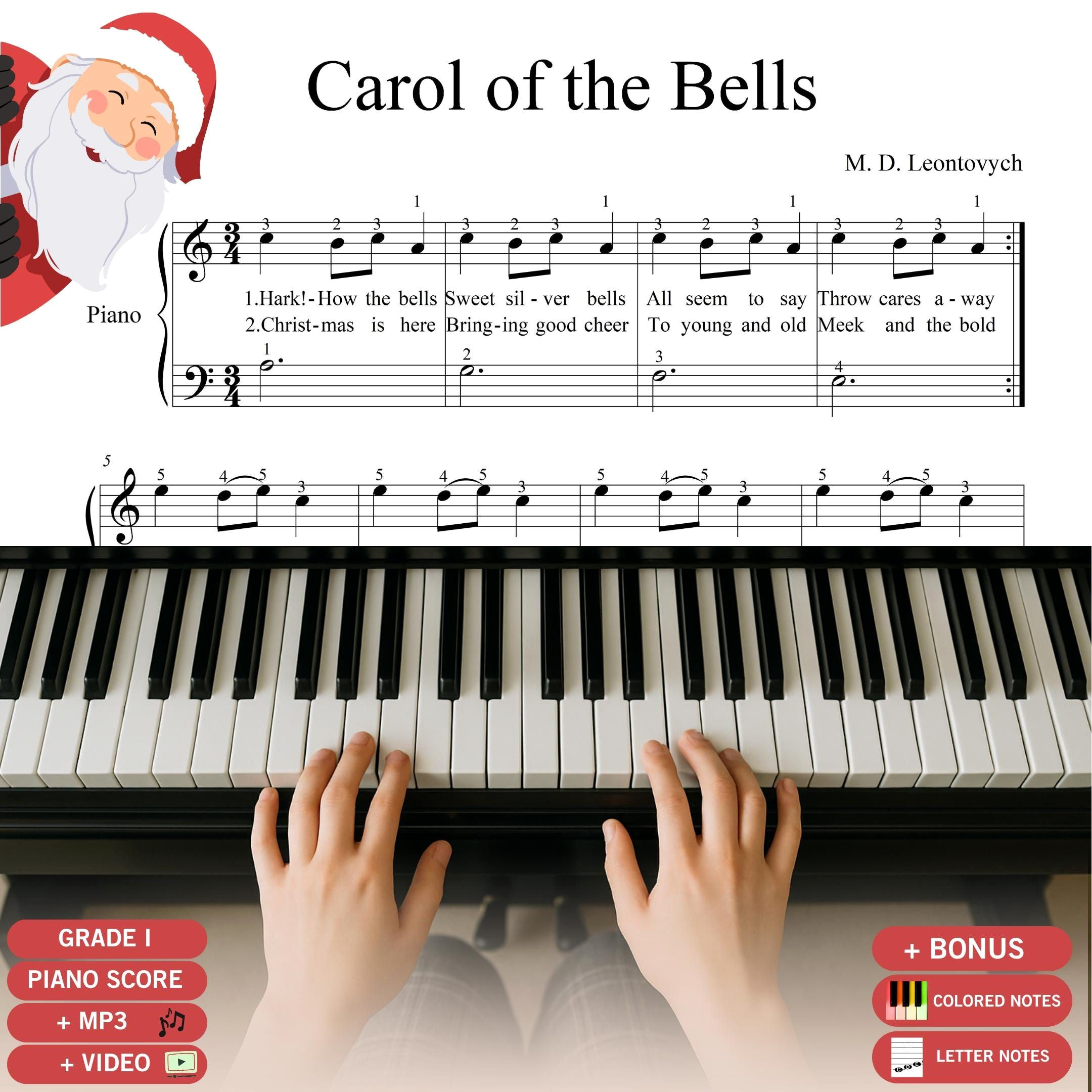 Easy Christmas Piano: Simplified Carol of the Bells Sheet Music with Lyrics.