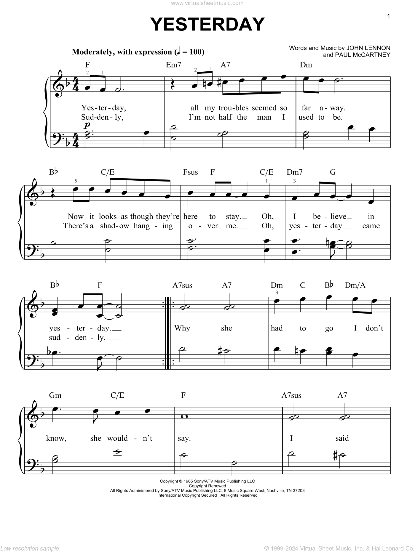 Easy Beginner Piano Sheet Music: Yesterday (PDF Download)