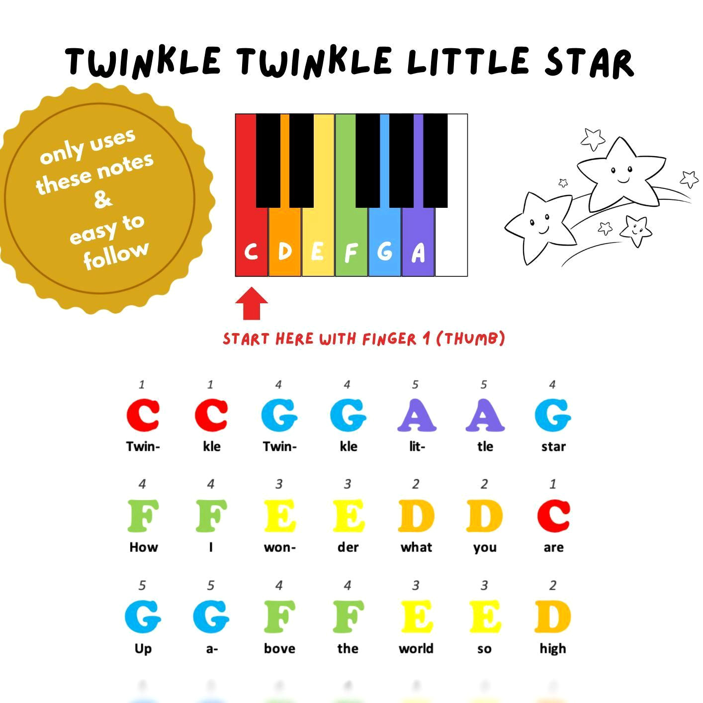 Color-Coded Twinkle Twinkle Little Star Piano Sheet Music