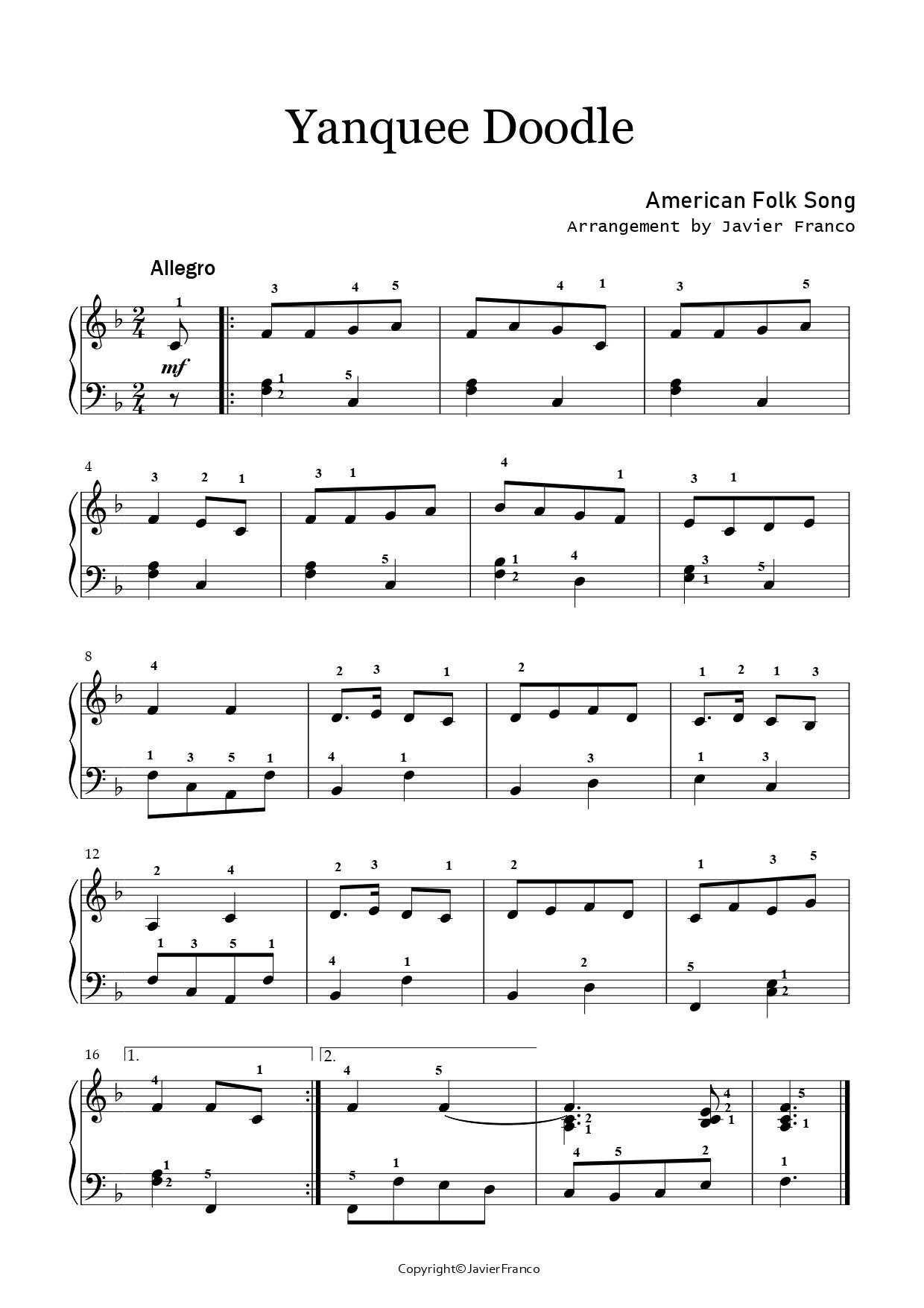 Easy Yankee Doodle Piano Sheet Music