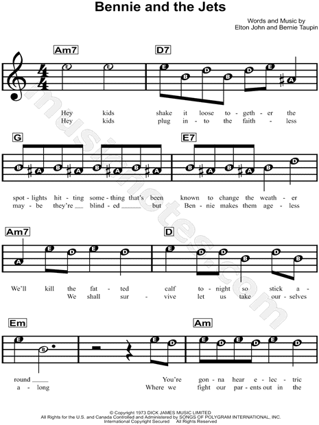 Easy C Major Sheet Music for ‘Bennie and the Jets’ with Simple Chords