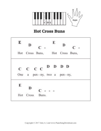 Free Piano Sheet Music: Hot Cross Buns Nursery Rhyme