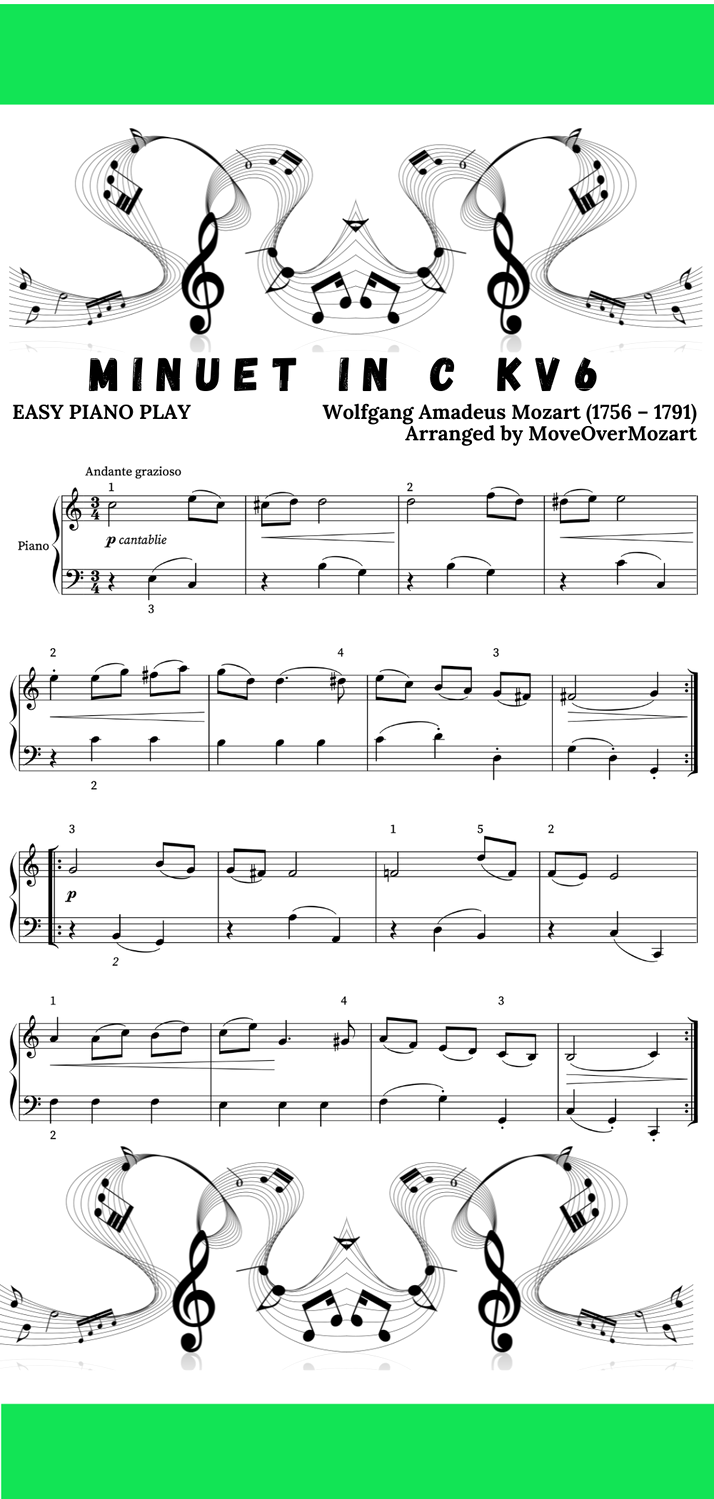 Easy Mozart Minuet in C Piano Sheet Music for Beginners