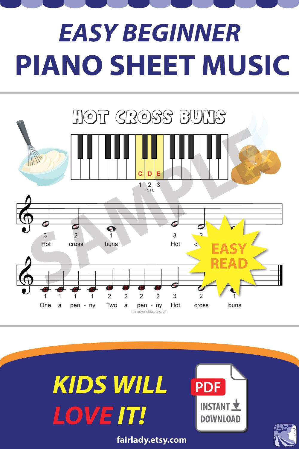 Easy Kids Piano Songs: Hot Cross Buns Beginner Sheet Music