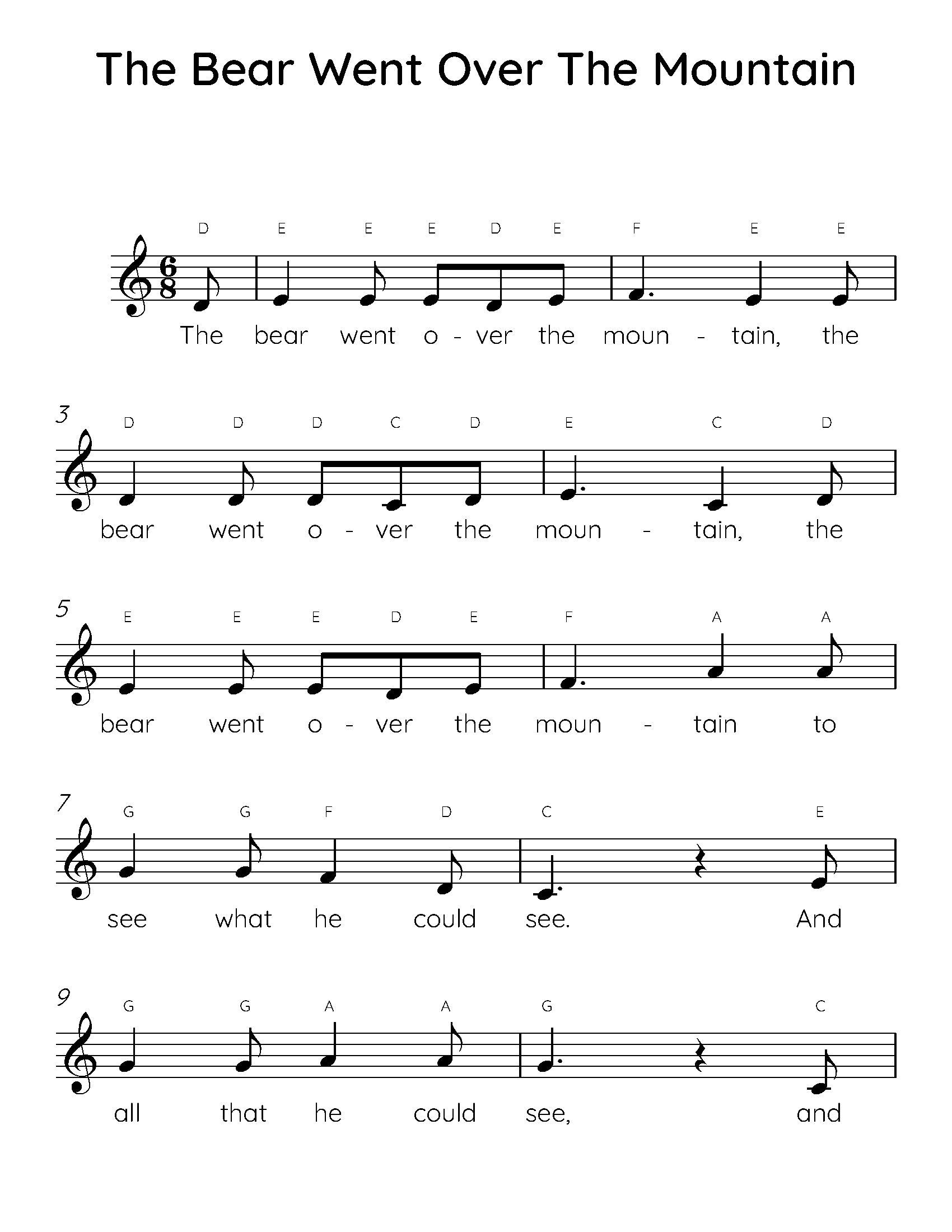Easy Piano Sheets for Kids: ‘The Bear Went Over the Mountain’