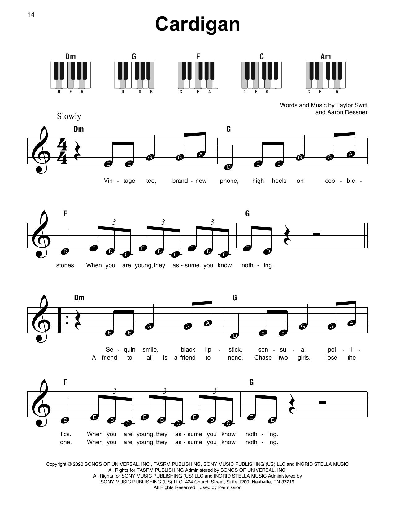Easy Piano Taylor Swift Sheet Music for Cardigans