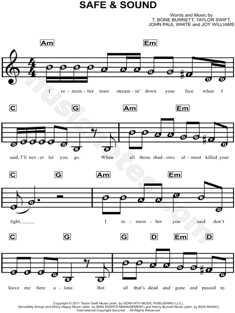 Easy A Minor Sheet Music for Taylor Swift’s ‘Safe & Sound’