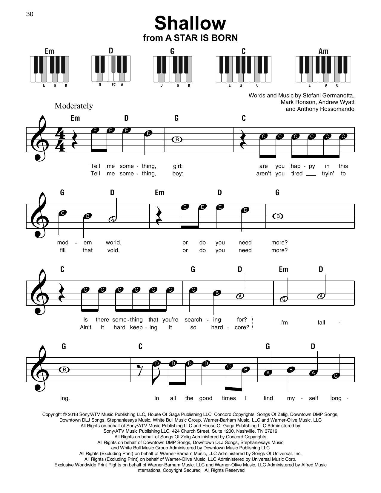 Easy Sheet Music for A Star Is Born’s Shallow Song