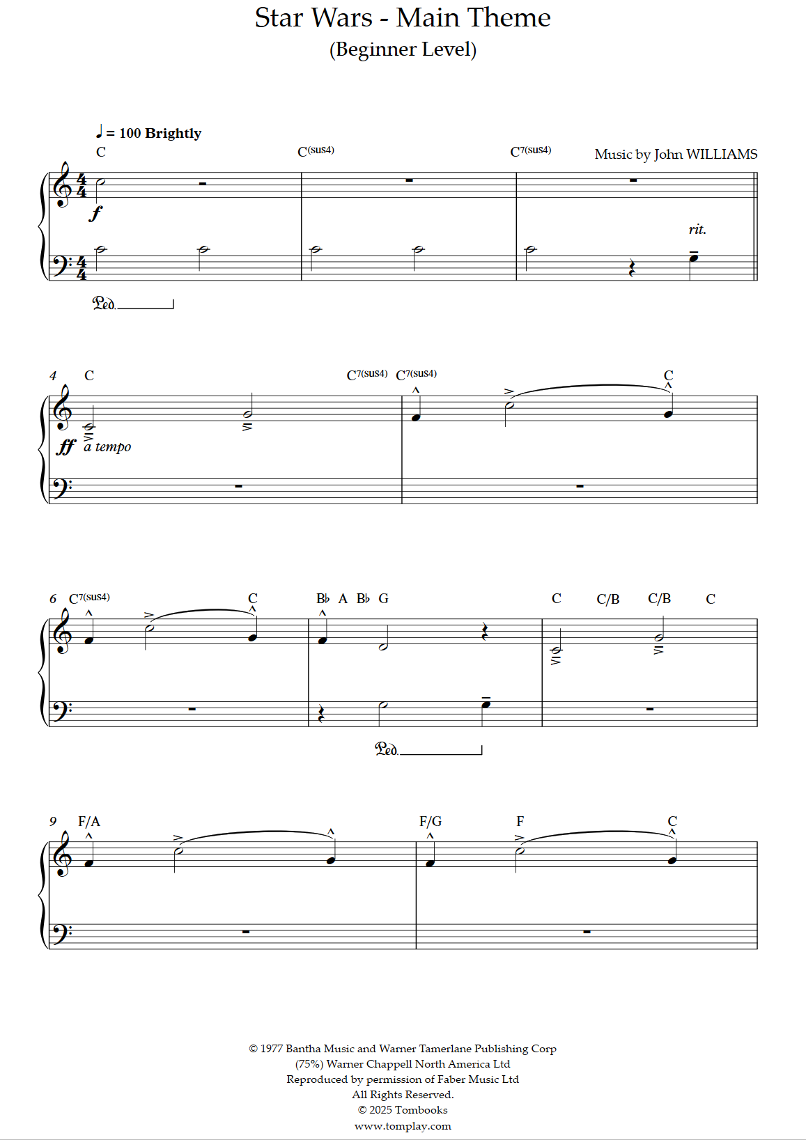 Piano Sheet Music to the Iconic Star Wars Theme