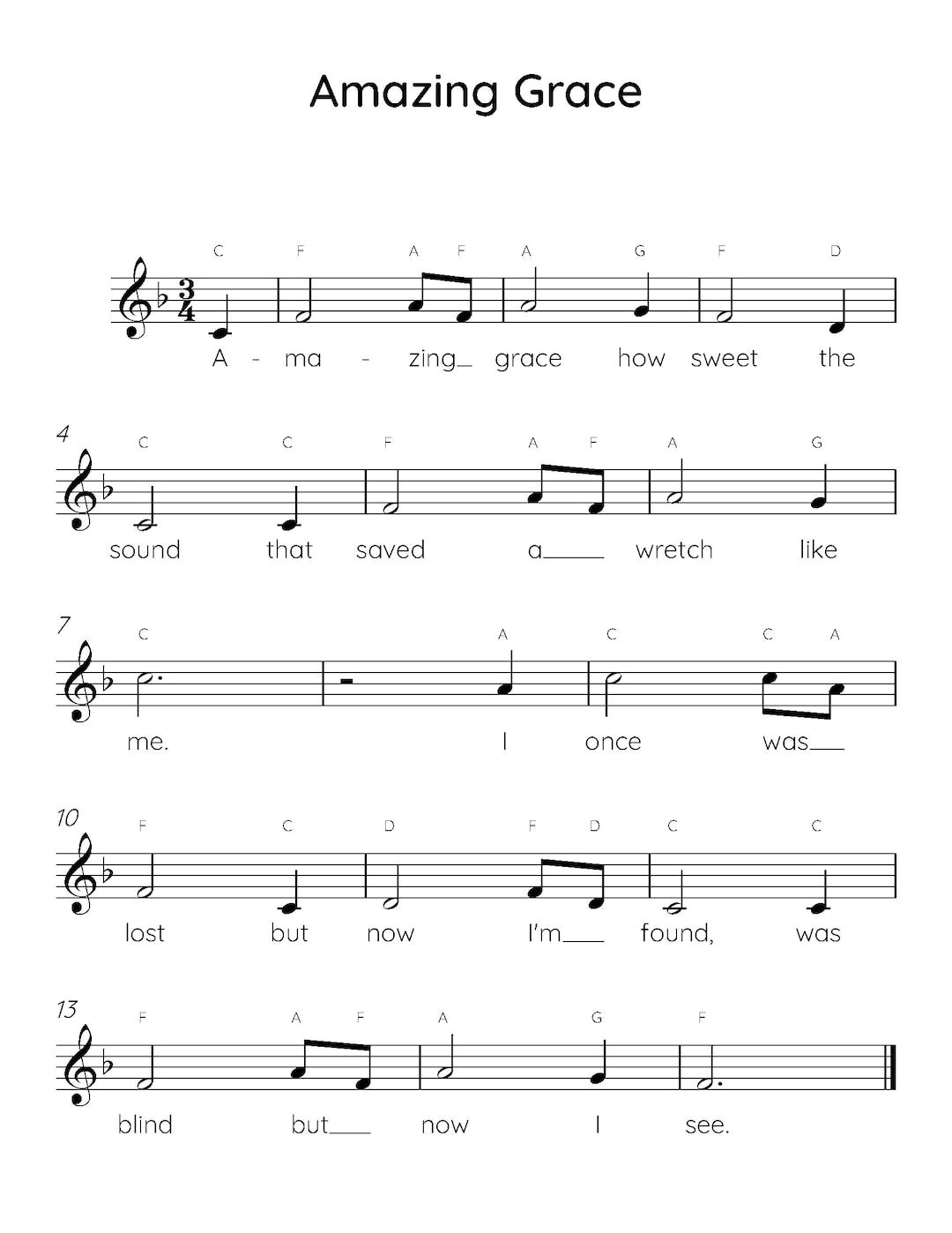 Easy Piano for Kids: Amazing Grace Sheet Music (PDF)