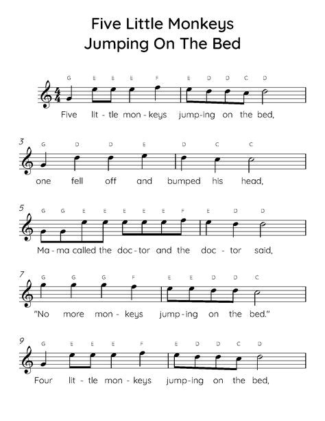 Simple Piano Sheet: 5 Little Monkeys Jumping On Bed