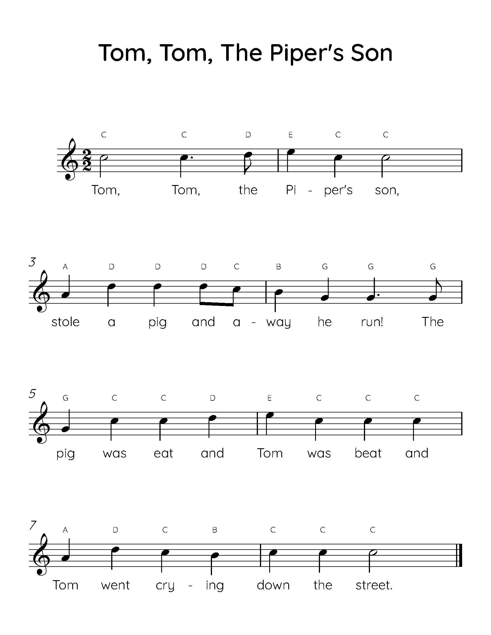 Easy Piano Sheet Music for Kids: Tom the Piper’s Son