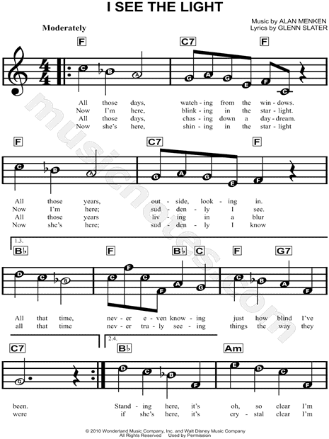 Easy C Major Sheet Music: I See the Light for Beginners